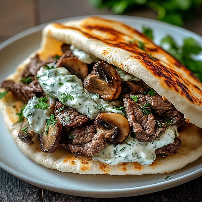 A cheesy beef and mushroom pita pocket with tzatziki sauce.