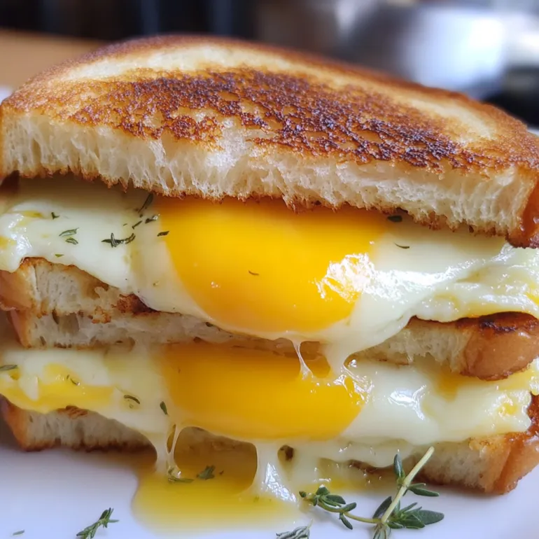 A grilled cheese sandwich with a fried egg on top.