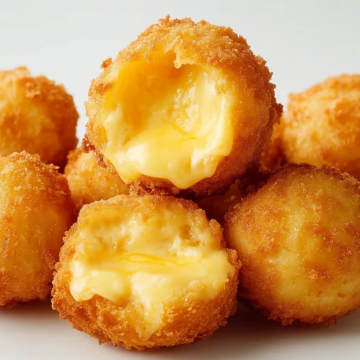 Fried cheese balls on a white plate.