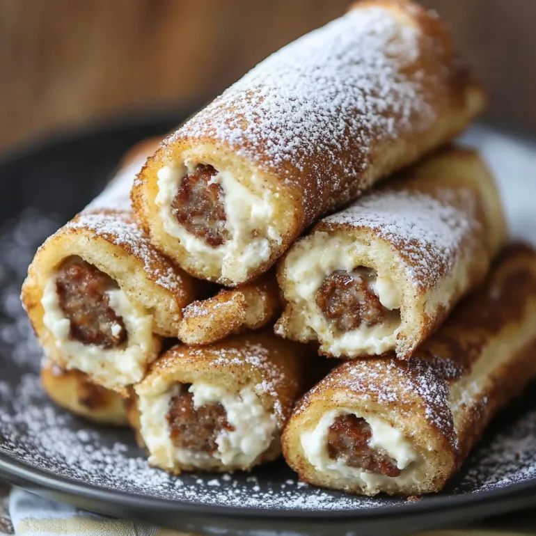 French toast roll-ups with powdered sugar.