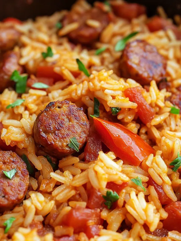 A close up of a plate of rice and sausage.