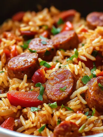 A close up of a plate of rice with sausage.