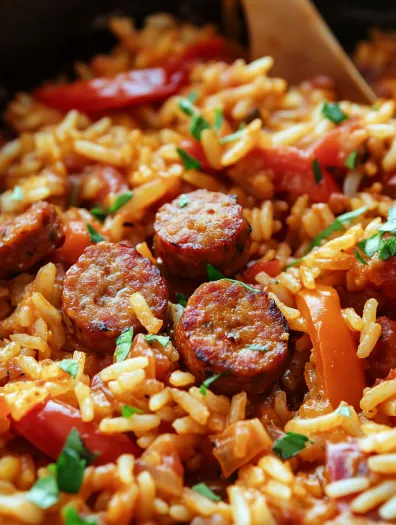 A dish of rice and sausage.