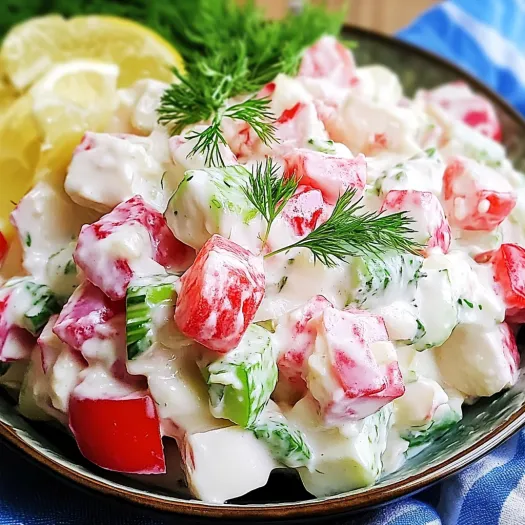 A bowl of crab salad with a lemon wedge on top.