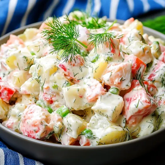 A bowl of crab salad with a sprig of parsley on top.