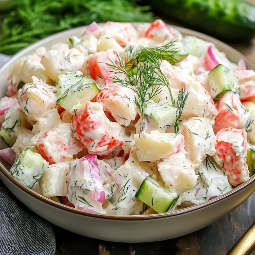 A bowl of crab salad with vegetables.