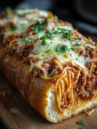 A slice of spaghetti stuffed garlic bread.