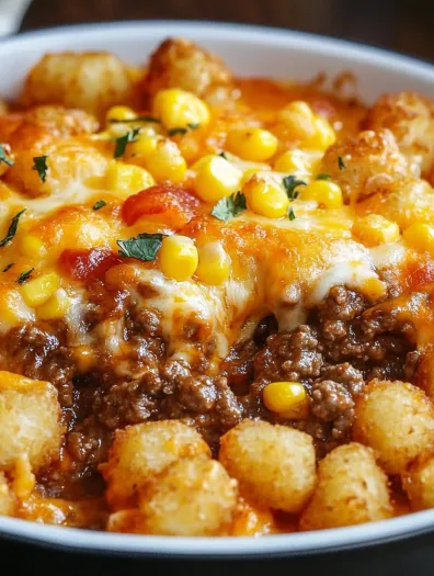 A bowl of cowboy casserole with cheese and corn.