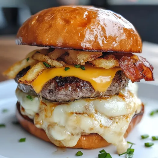A burger with cheese and bacon on top.
