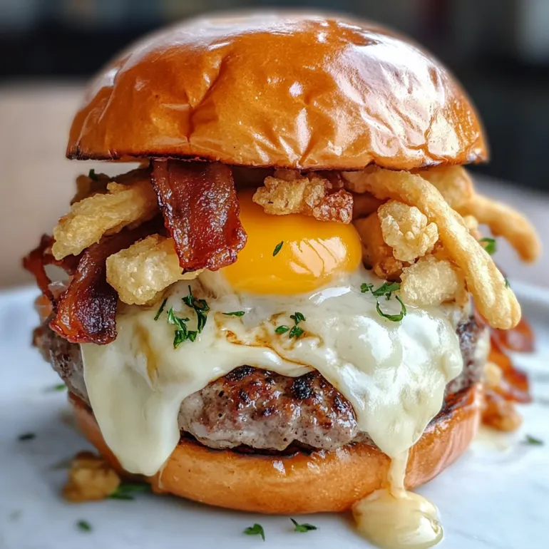 A hangover burger with bacon, egg, and onion.