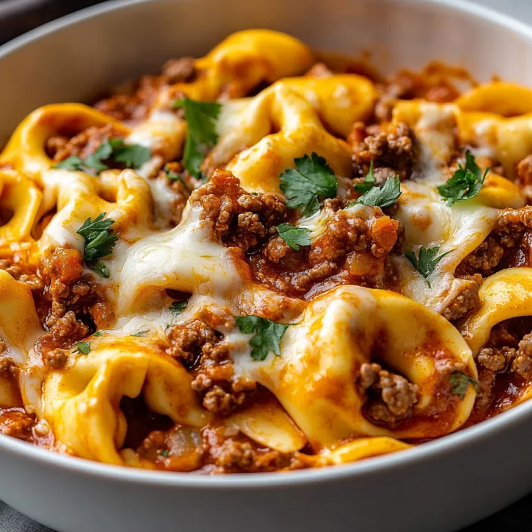 A bowl of cheesy beef enchilada tortellini.