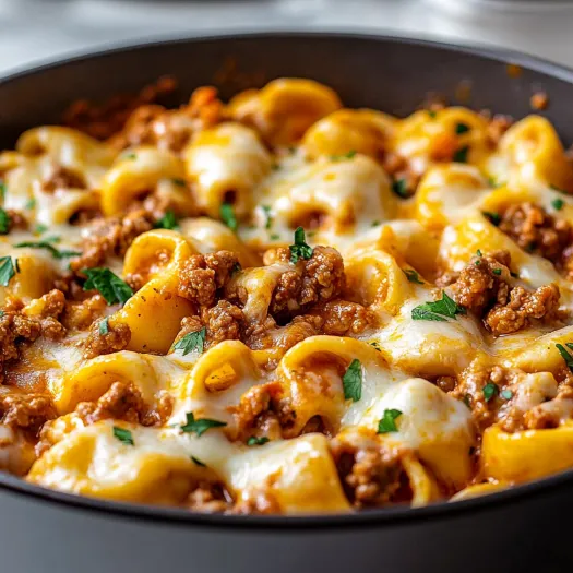 A bowl of cheesy beef enchilada tortellini.