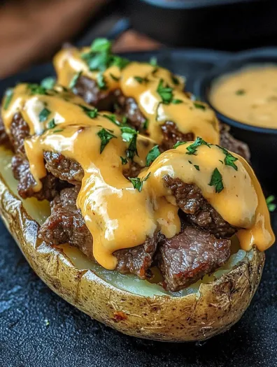 A loaded baked potato with steak bites.