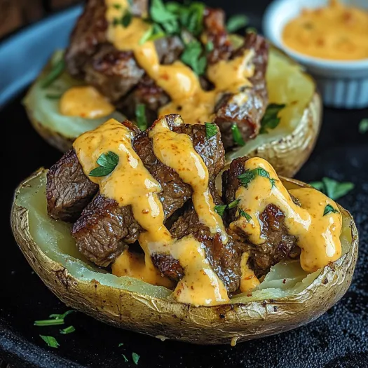 A loaded baked potato with steak bites.