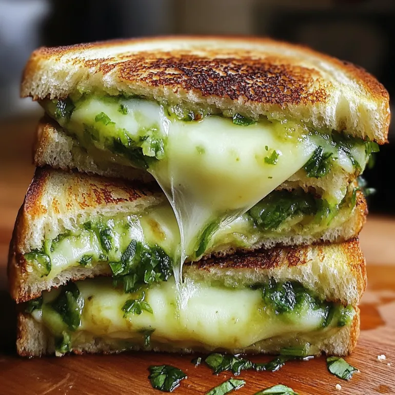A stack of grilled cheese sandwiches with avocado and green herbs.