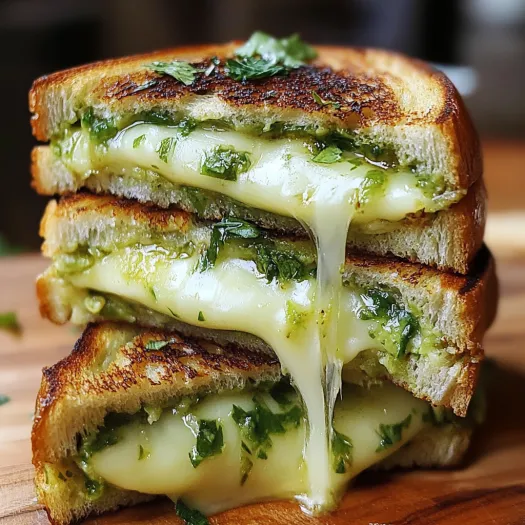 A stack of grilled cheese sandwiches with avocado and pesto.