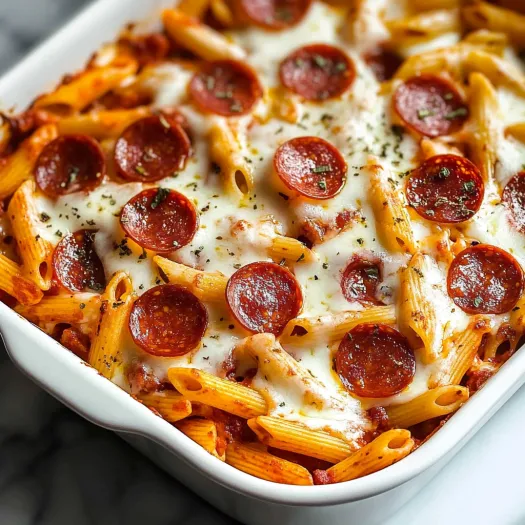 A dish of pasta and pepperoni.