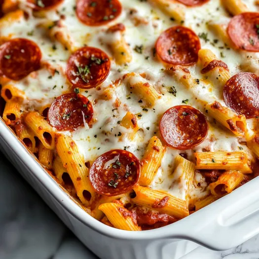 A dish of pasta with pepperoni and cheese.