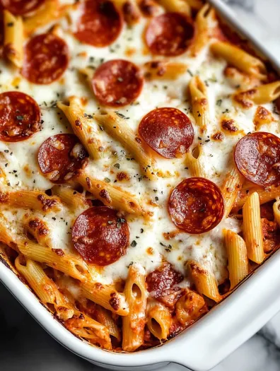 A dish of pasta with pepperoni and cheese.