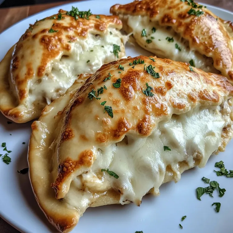 Two pieces of crispy cheesy chicken alfredo calzones.