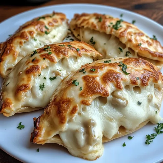 Four pieces of crispy cheesy chicken alfredo calzones.