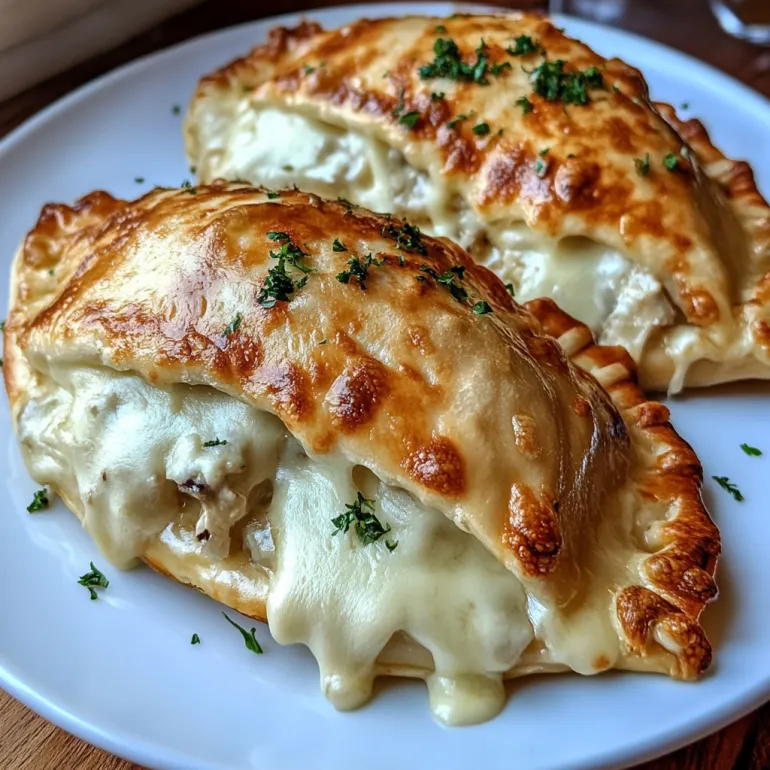 Two pieces of crispy cheesy chicken alfredo calzones.