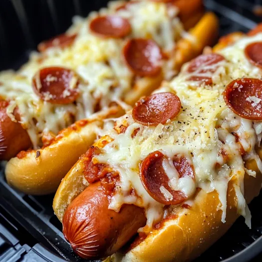 Two hot dogs with pepperoni and cheese in a black tray.