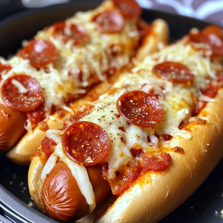 Two hot dogs with pepperoni and cheese.