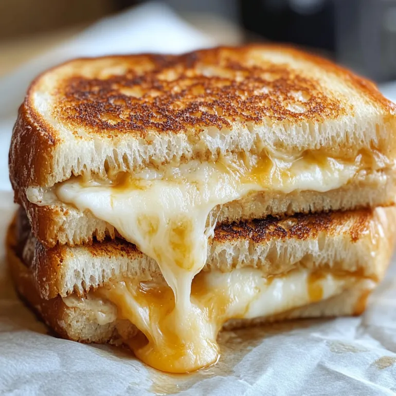 A grilled cheese sandwich with melted cheese and gooey sauce.