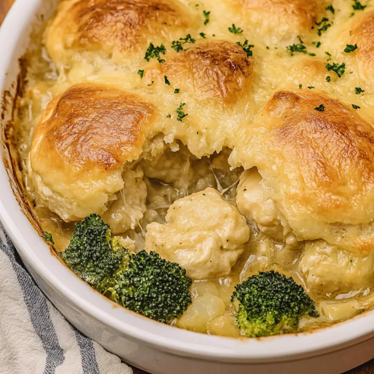A dish of broccoli cheddar biscuit casserole.