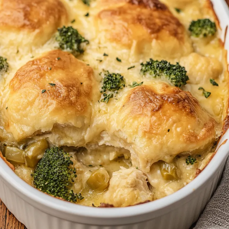 A white bowl filled with a broccoli cheddar biscuit casserole.