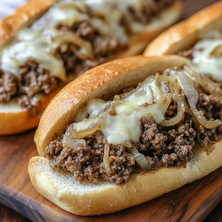 Two sandwiches with meat and onions on a wooden cutting board.