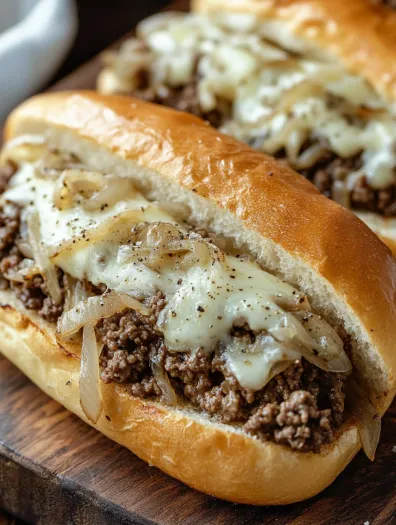 A close up of a French dip sandwich with onions and cheese.