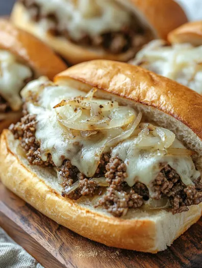 A close up of a sandwich with onions and cheese.