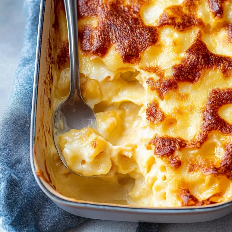 A fork is stuck in a vegan cauliflower cheese casserole.