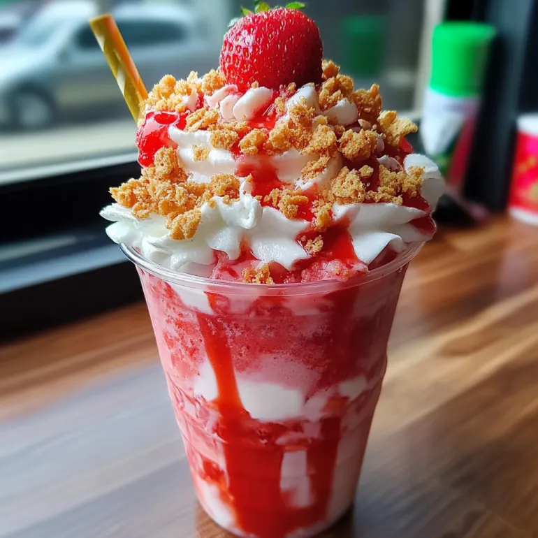 A cup of Starbucks Strawberry Shortcake Frappuccino.