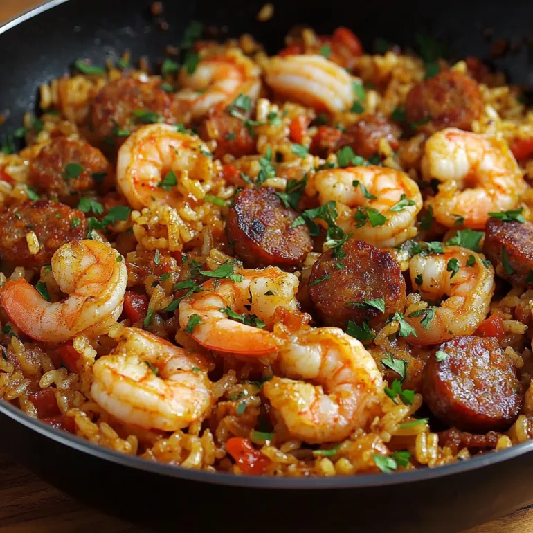 A plate of shrimp sausage dirty rice.