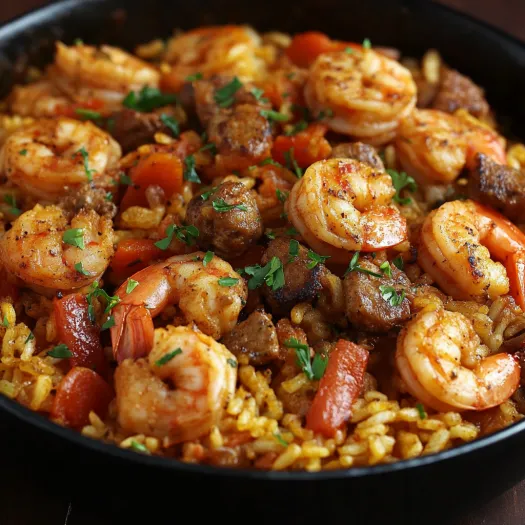 A bowl of shrimp sausage dirty rice.