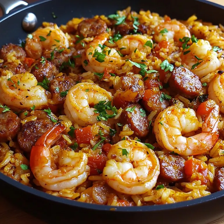 A plate of shrimp sausage dirty rice.