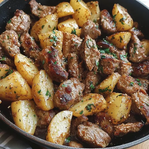 A pan of steak and potatoes with garlic butter.