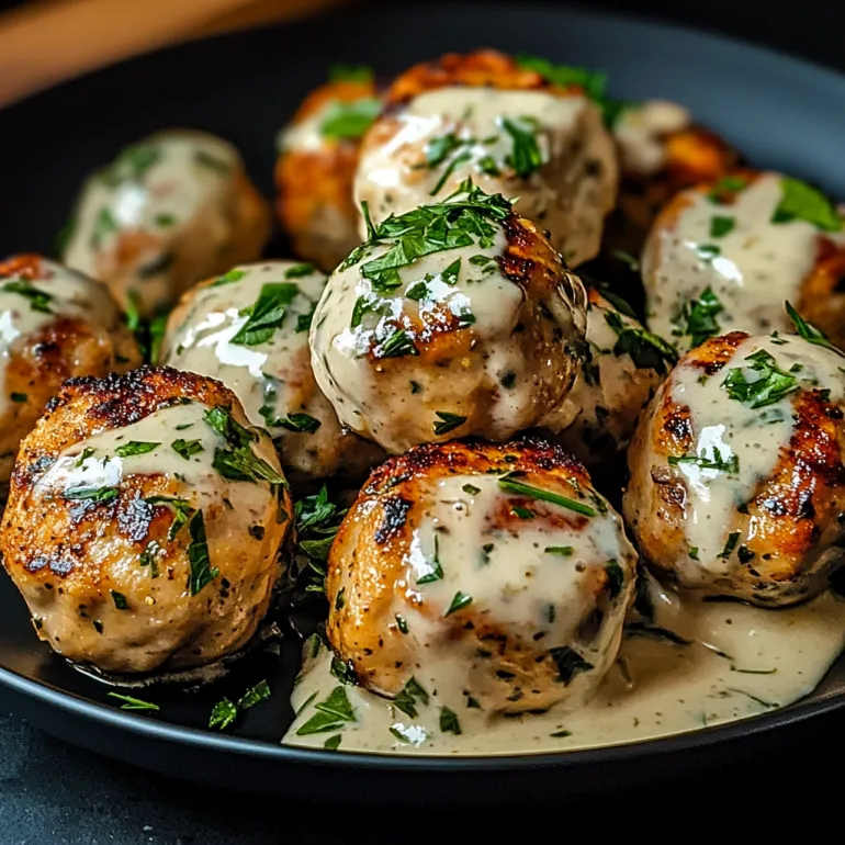 A plate of grilled chicken bites with creamy garlic sauce.