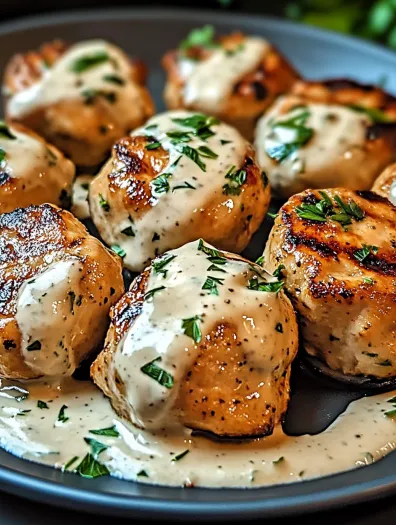 Grilled chicken bites with creamy garlic sauce.