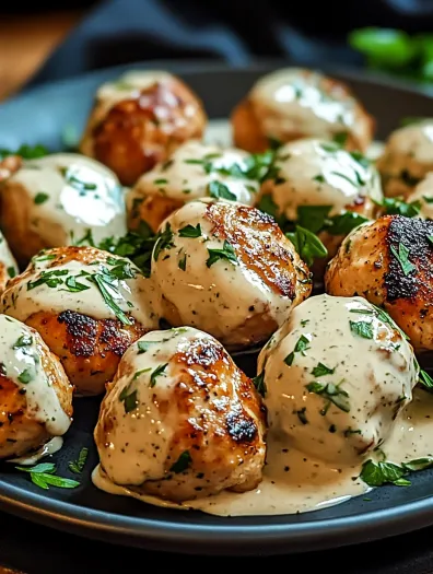 Grilled chicken bites with creamy garlic sauce.