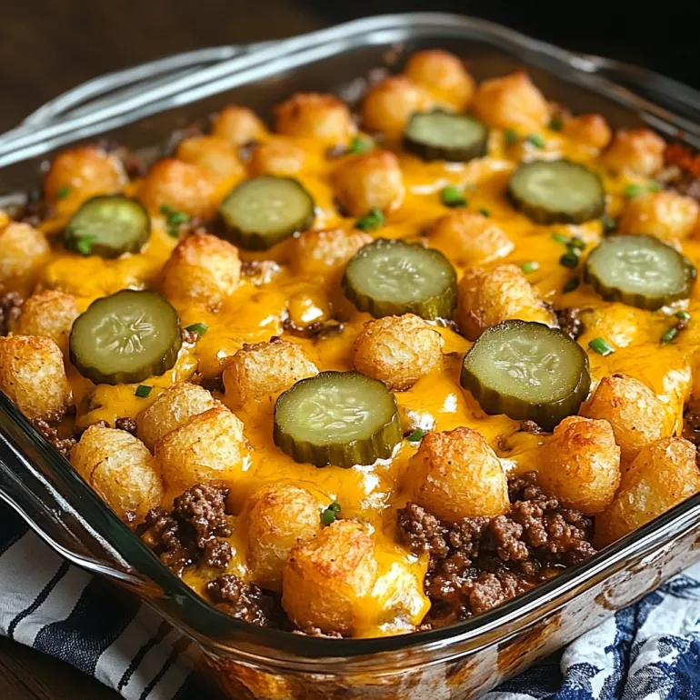 A dish of food with a cheeseburger and tater tots.