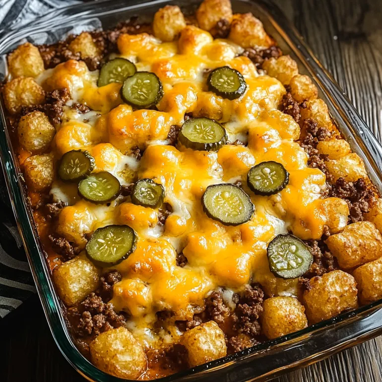 A loaded cheeseburger tater tot bake is ready to be eaten.