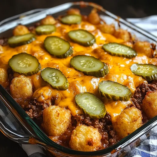 A baked dish with cheeseburger and tater tots.