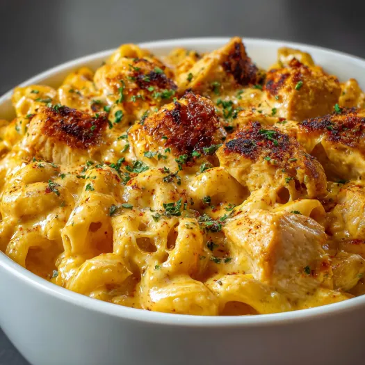 A bowl of Cajun Cream Cheese Chicken Pasta Bake.