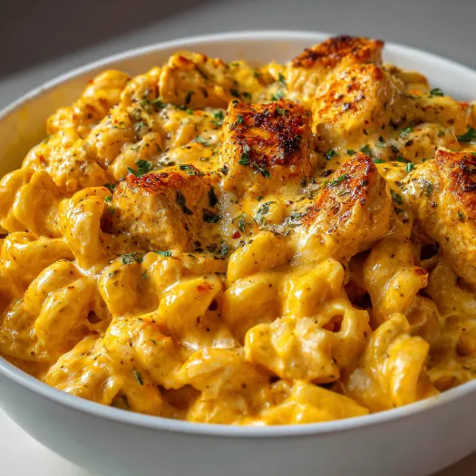 A bowl of Cajun Cream Cheese Chicken Pasta Bake.