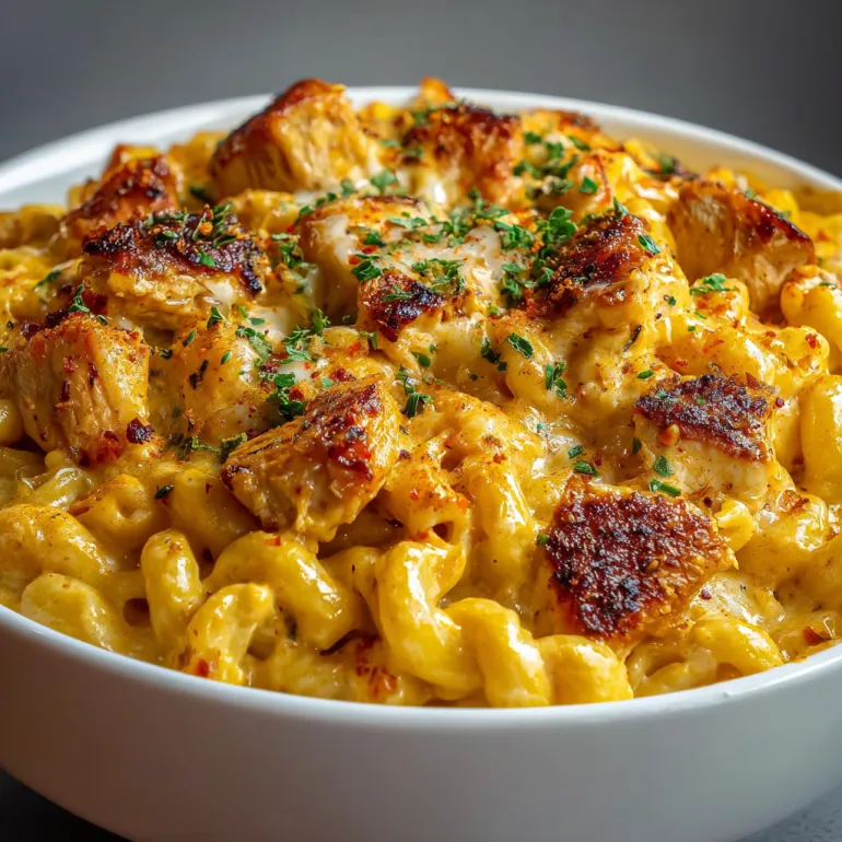 A bowl of Cajun Cream Cheese Chicken Pasta Bake.
