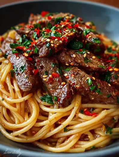 A plate of pasta with meat and peppers on top.